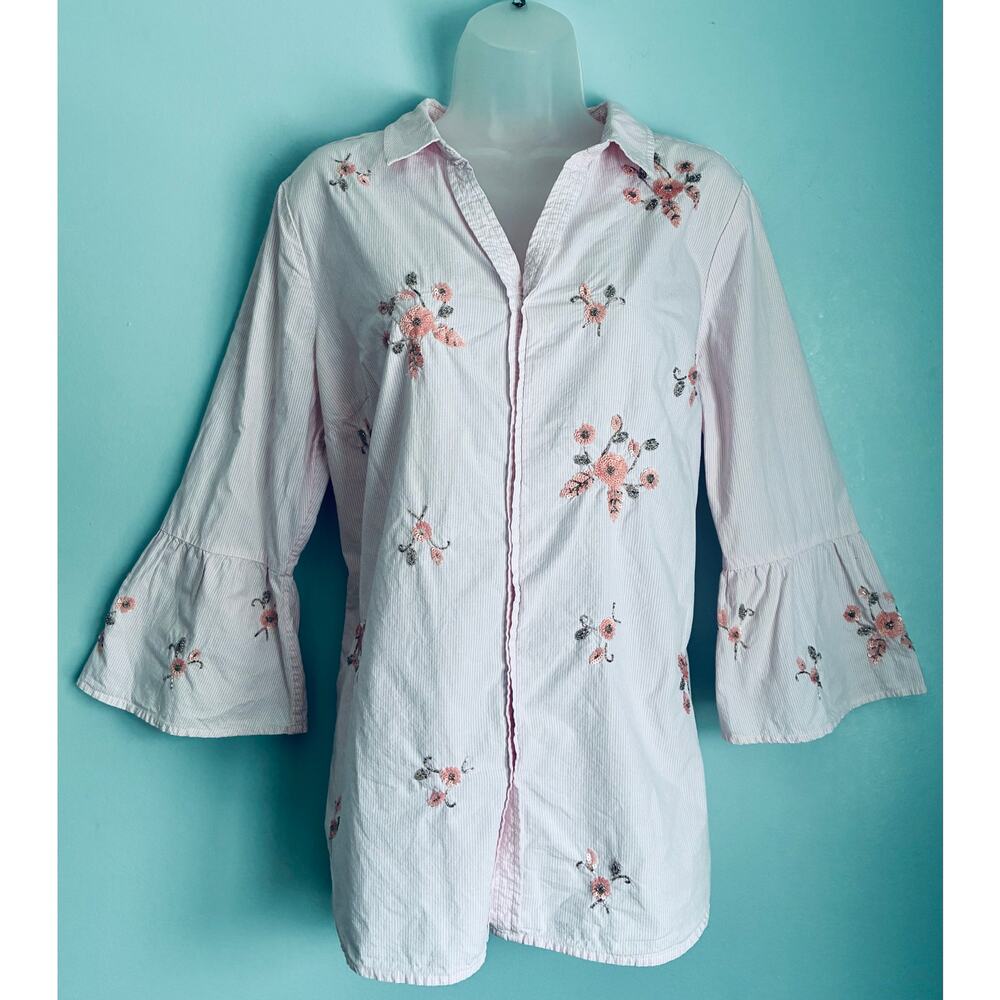 Charter Club Sequin Beaded Embellished Button Up Pink Striped Top Bell Sleeve